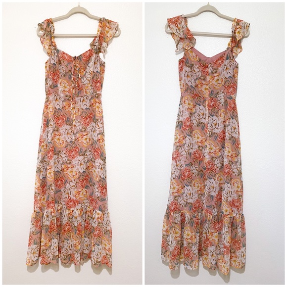 WAYF Valerie Blouson Midi Dress In Coral Floral | Size S - Picture 5 of 11